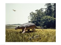 Ankylosaur walking in a field and a pteranodon flying in the sky Fine Art Print