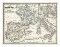Map of France, Spain & Italy Fine Art Print