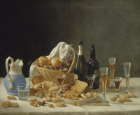 Still Life with Wine Bottles and Basket of Fruit, 1857 Fine Art Print