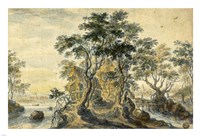 River Landscape with House on a Rocky Island Fine Art Print