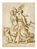 Two Girls Accompanied by Cupid Fine Art Print