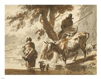 Cows Crossing a Ford with a Couple and a Dog Fine Art Print