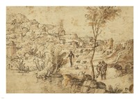 Landscape with Shepherds by a River and a Town Beyond Fine Art Print