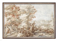 A Wooded Landscape with Travelers by a Stream, a Town Beyond Fine Art Print
