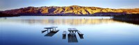 Picnic tables in the lake, Diaz Recreation Area Lake, Lone Pine, California, USA Fine Art Print