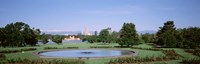 Formal garden in City Park with city and Mount Evans in background, Denver, Colorado, USA Fine Art Print