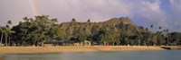 USA, Hawaii, Oahu, Honolulu, Diamond Head St Park, View of a rainbow over a beach resort by Panoramic Images - 27" x 9"