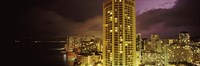 Buildings lit up at night, Honolulu, Oahu, Hawaii, USA Fine Art Print