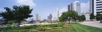 Garden in front of skyscrapers in a city, Scioto River, Columbus, Ohio, USA Fine Art Print
