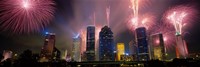 Fireworks Over Buildings In Houston, Texas Framed Print