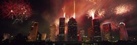 Fireworks over buildings in a city, Houston, Texas Fine Art Print