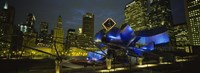 Low angle view of buildings lit up at night, Pritzker Pavilion, Millennium Park, Chicago, Illinois, USA Fine Art Print