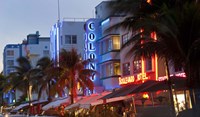 Hotels lit up at dusk in a city, Miami, Miami-Dade County, Florida, USA Fine Art Print