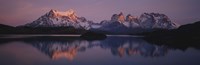 Reflection of mountains in a lake, Lake Pehoe, Cuernos Del Paine, Patagonia, Chile Fine Art Print