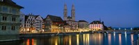 Buildings at the waterfront, Grossmunster Cathedral, Zurich, Switzerland Fine Art Print
