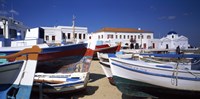 Rowboats on a harbor, Mykonos, Greece Fine Art Print