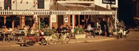 Tourists sitting in a cafe, Sitges Beach, Catalonia, Spain Fine Art Print