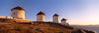 Low angle view of traditional windmills, Mykonos, Cyclades Islands, Greece Fine Art Print