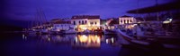 Greece, Cephalonia, Light illuminated on harbor and outdoors cafe Fine Art Print
