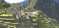Buildings on a hill, Andes Mountains,Machu Pichu, Peru Fine Art Print