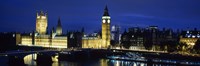 Buildings lit up at dusk, Westminster Bridge, Big Ben, Houses Of Parliament, Westminster, London, England Fine Art Print