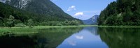 Mountains overlooking a lake, Weitsee Lake, Bavaria, Germany Fine Art Print