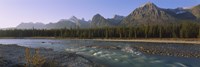 Trees along a river with a mountain range in the background, Athabasca River, Jasper National Park, Alberta, Canada by Panoramic Images - 27" x 9"