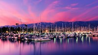 Boats moored in harbor at sunset, Santa Barbara Harbor, Santa Barbara County, California, USA Fine Art Print