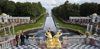 Golden statue and fountain at Grand Cascade at Peterhof Grand Palace, St. Petersburg, Russia Fine Art Print