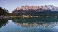 Wetterstein Mountains, Zugspitze Mountain and Eibsee Hotel reflecting in Lake Eibsee, Bavaria, Germany Fine Art Print