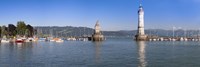 Entrance of the harbor with the Bavarian lion and the lighthouse, Lindau, Lake Constance, Bavaria, Germany Fine Art Print