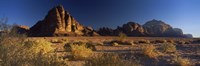 Rock formations on a landscape, Seven Pillars of Wisdom, Wadi Rum, Jordan Fine Art Print