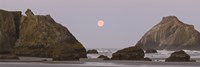 Sea stacks and setting moon at dawn, Bandon Beach, Oregon, USA by Panoramic Images - 27" x 9"