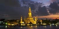 Buddhist temple lit up at dawn, Wat Arun, Chao Phraya River, Bangkok, Thailand Fine Art Print