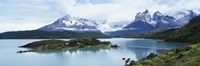 Island in a lake, Lake Pehoe, Hosteria Pehoe, Cuernos Del Paine, Torres del Paine National Park, Patagonia, Chile Fine Art Print