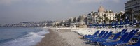 Empty lounge chairs on the beach, Nice, French Riviera, France Fine Art Print