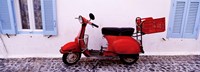 Motor scooter parked in front of a building, Santorini, Cyclades Islands, Greece Fine Art Print