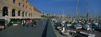 Pedestrian walkway along a harbor, Barcelona, Catalonia, Spain Fine Art Print