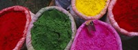 High angle view of various tika powders, Braj, Mathura, Uttar Pradesh, India Fine Art Print