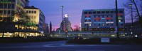 Buildings lit up at dusk, Karlsplatz, Munich, Bavaria, Germany Fine Art Print