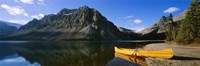 Canoe at the lakeside, Bow Lake, Banff National Park, Alberta, Canada Fine Art Print