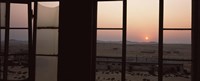 Sunrise viewed through a window, Sperrgebiet, Kolmanskop, Namib Desert, Namibia Fine Art Print