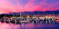 Boats moored in harbor at sunset, Santa Barbara Harbor, Santa Barbara County, California, USA Fine Art Print