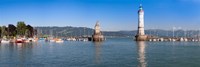 Entrance of the harbor with the Bavarian lion and the lighthouse, Lindau, Lake Constance, Bavaria, Germany Fine Art Print