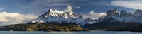 Lake in front of mountains, Lake Pehoe, Cuernos Del Paine, Paine Grande, Torres del Paine National Park, Chile Fine Art Print