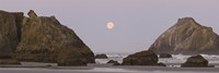 Sea stacks and setting moon at dawn, Bandon Beach, Oregon, USA Fine Art Print