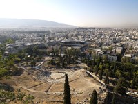 Ruins of a theater with a cityscape in the background, Theatre of Dionysus, Acropolis Museum, Acropolis, Athens, Attica, Greece Fine Art Print