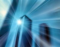 Bright ball of light radiating rays of light in front of out of focus sky scrapers Fine Art Print