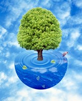 Lush green tree growing from half sphere of blue water and ripples floating in cloudy blue sky Fine Art Print