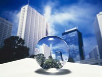 Close up of clear globe with white sky line in center duplicated background Fine Art Print